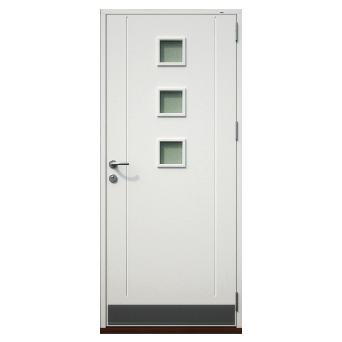 Flush entrance leaf with three stacked square vision squares and fine routed lines — Nordic Aluclad Entrance Doors by Windows in the Lakes