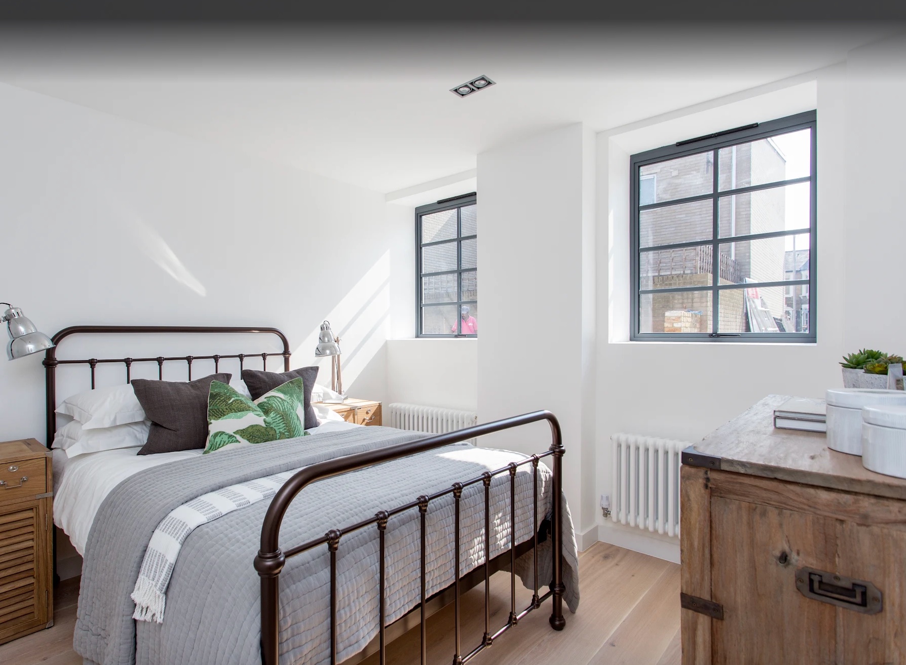 Steel-look aluminium windows to a bedroom, seen from inside