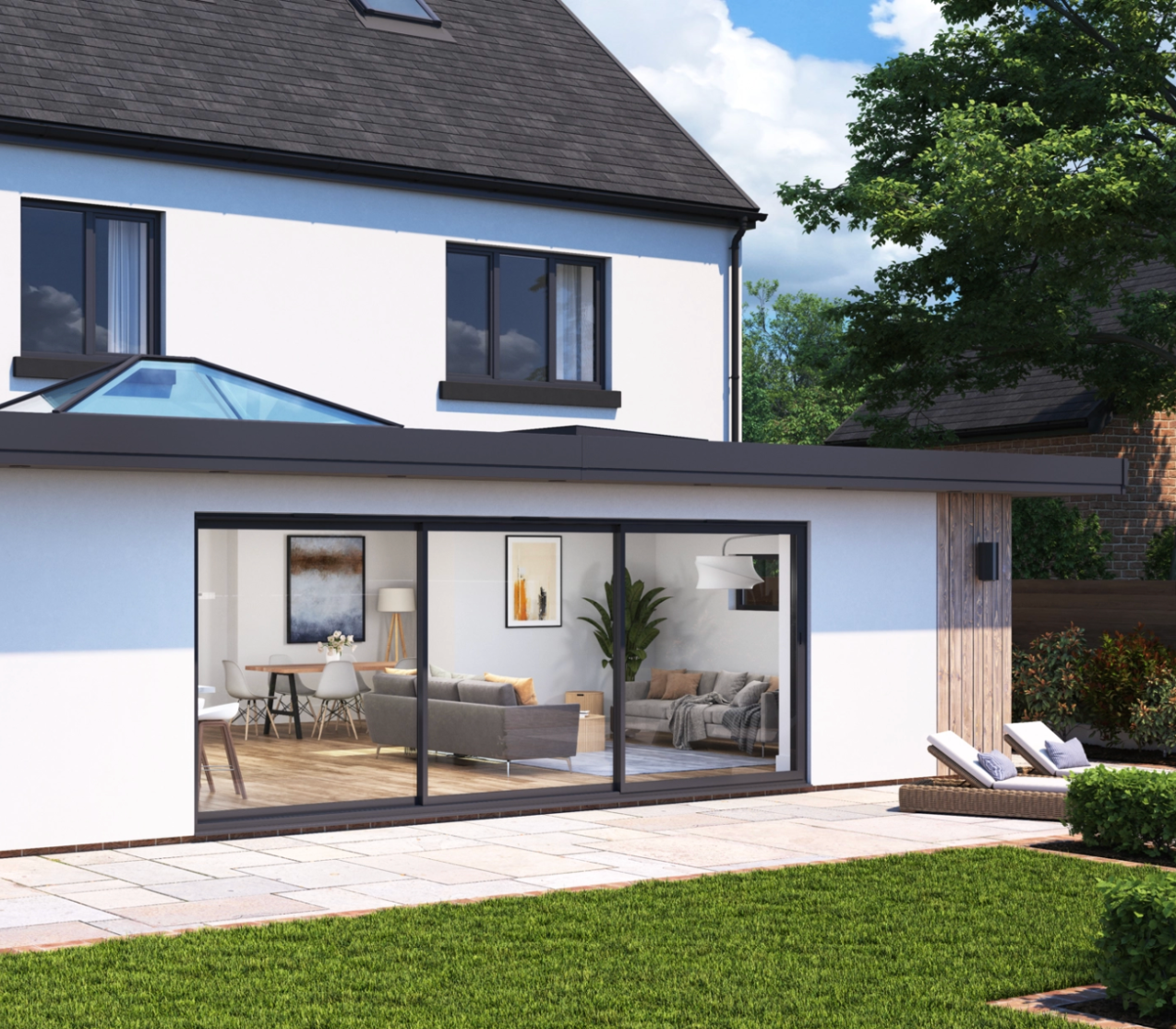 Sliding doors and a roof lantern to a rear extension