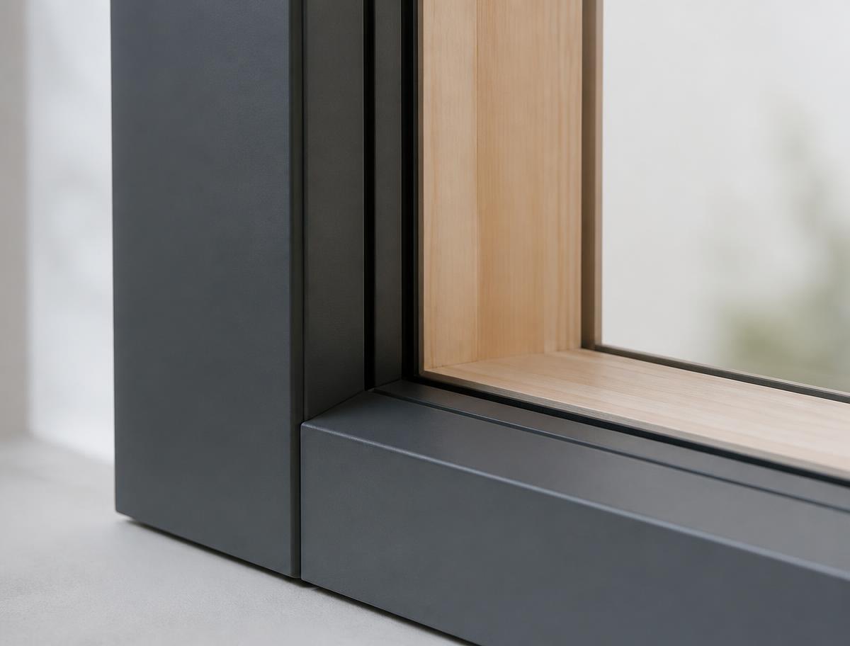 Aluclad frame corner detail showing timber and aluminium junction