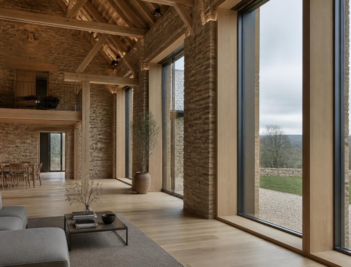 Internal timber reveals with aluminium-clad frames in a converted barn