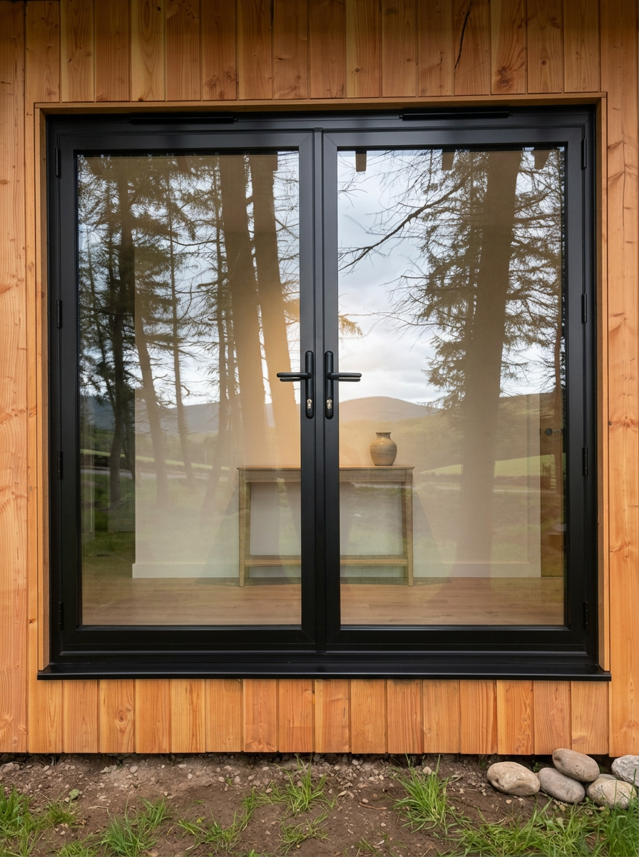 French doors framing larch trees and the fells beyond