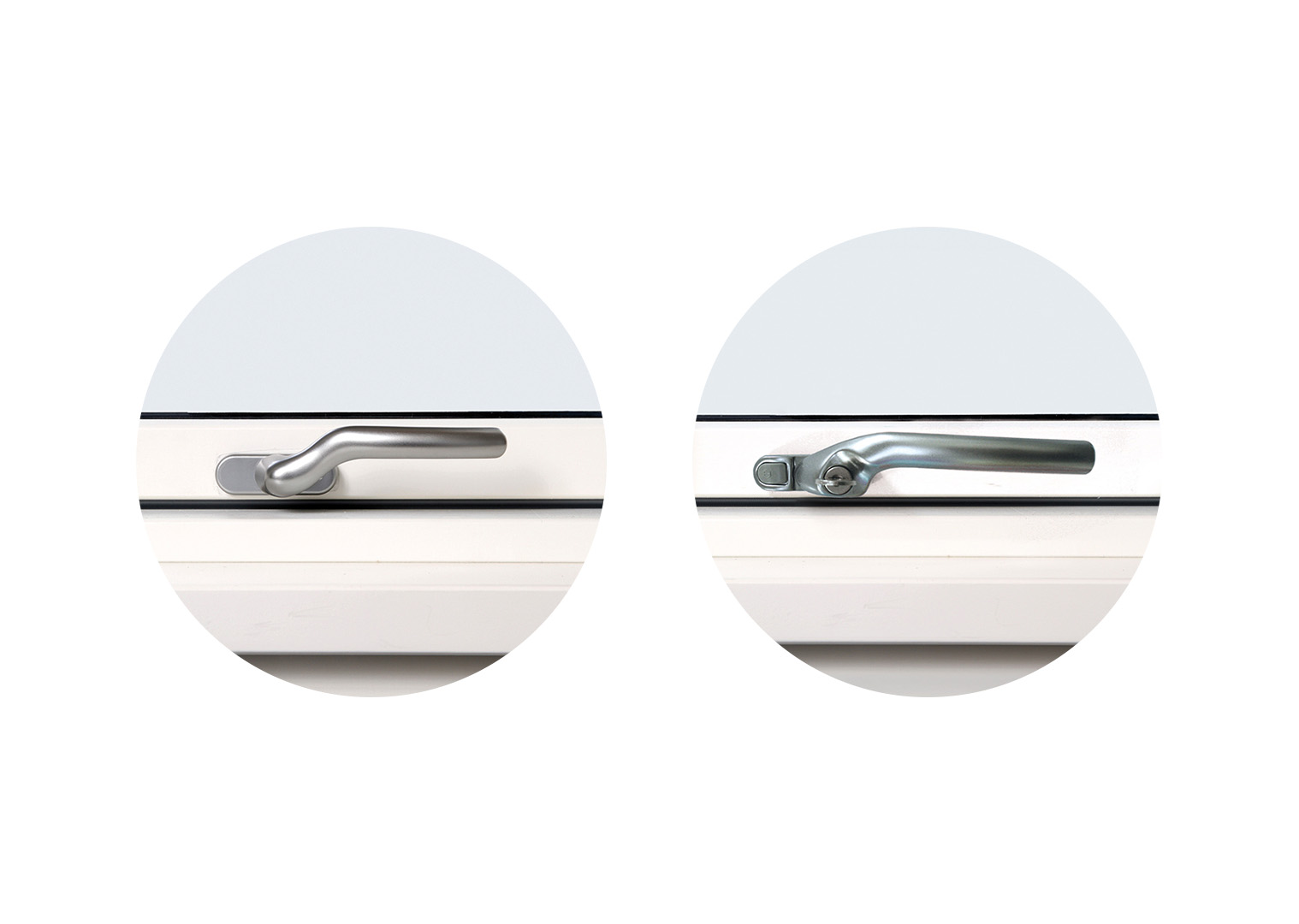 Window handle detail — brushed finish lever, locking and non-locking — Nordic Aluclad Windows by Windows in the Lakes