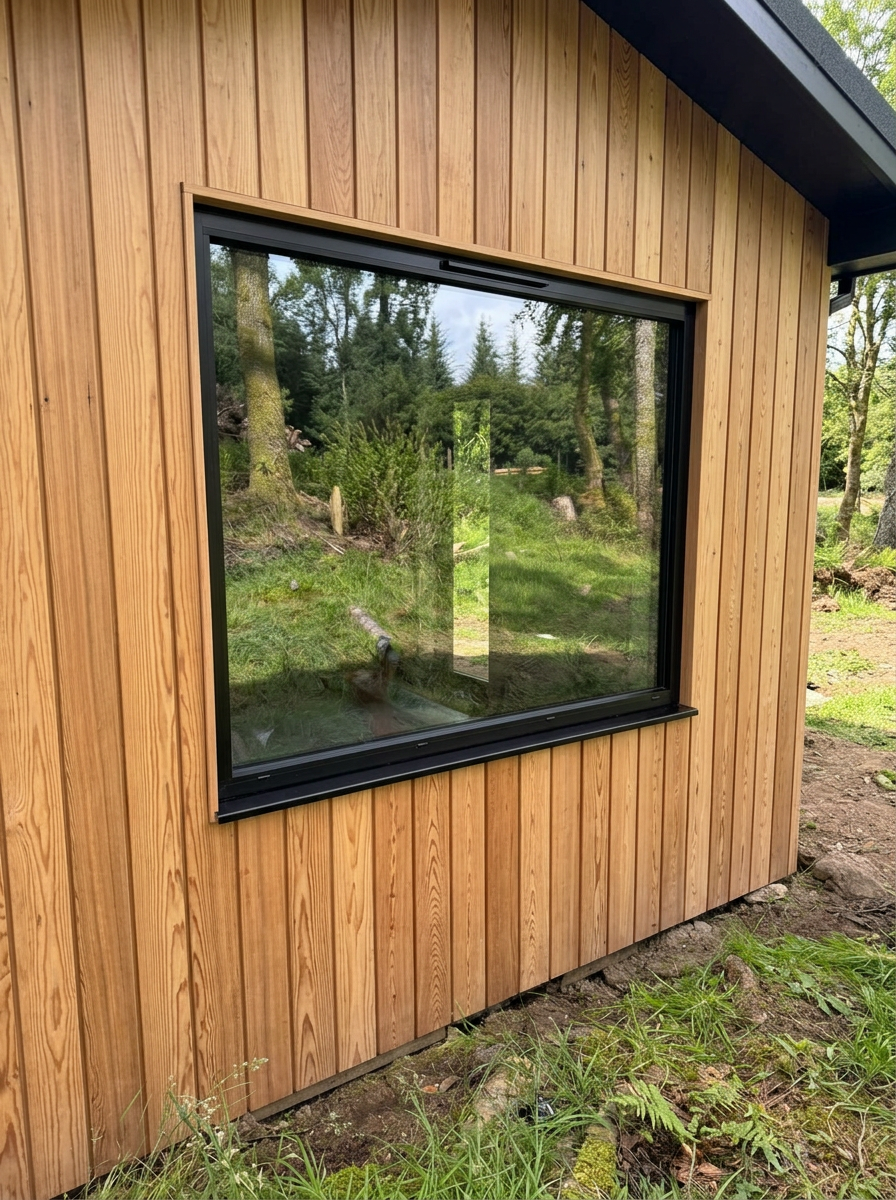 Slim anthracite black picture window framing woodland, Ravenstonedale — Aluminium Windows by Windows in the Lakes