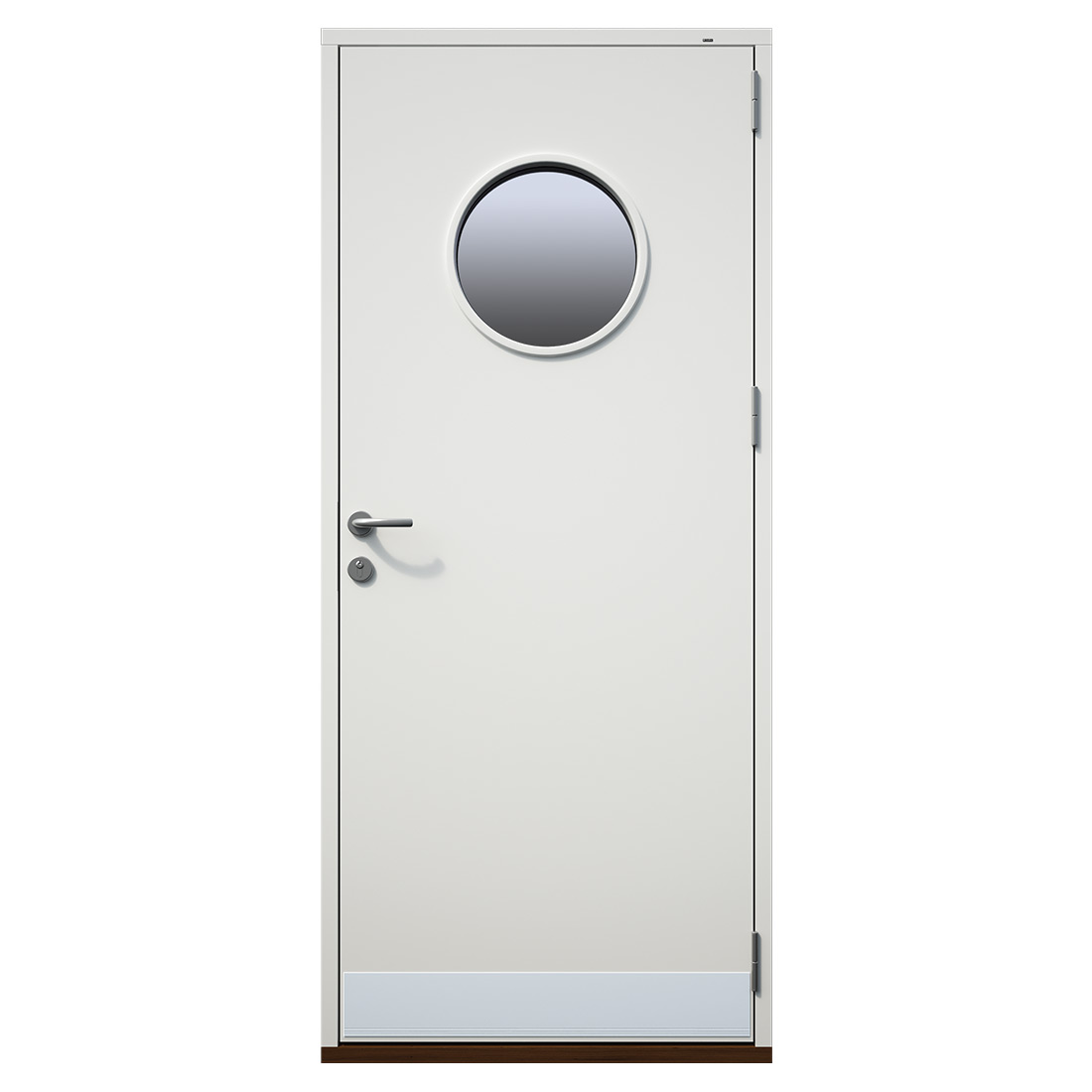 Flush entrance leaf with a circular porthole light and kick plate — Nordic Aluclad Entrance Doors by Windows in the Lakes