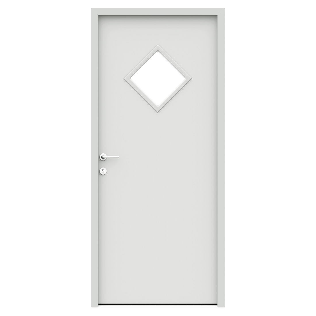 Minimal light-grey leaf with a single diamond-set vision panel — Nordic Aluclad Entrance Doors by Windows in the Lakes