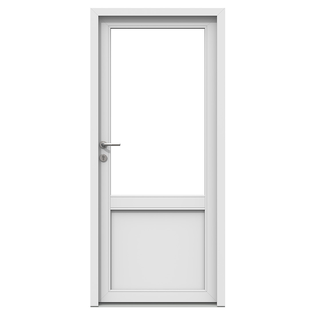 Half-glazed entrance leaf with a solid lower panel and stainless lever — Nordic Aluclad Entrance Doors by Windows in the Lakes