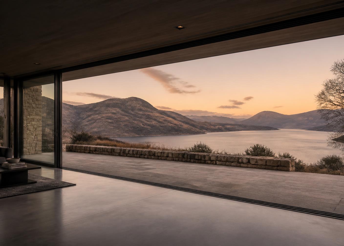 Slimline sliding doors framing a Cumbrian view